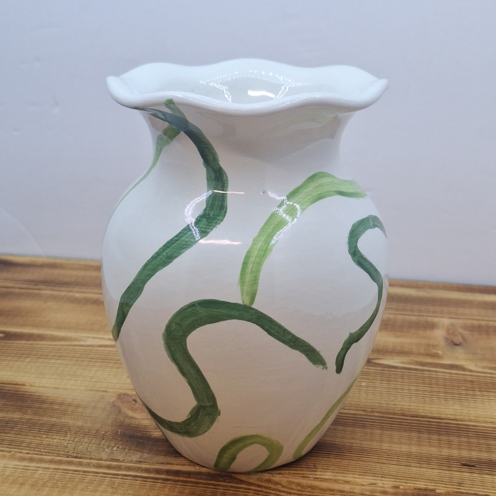 Hand Thrown Studio Art Hobbyist‎ Pottery Vase White Green Striped Glazed 6" Tall